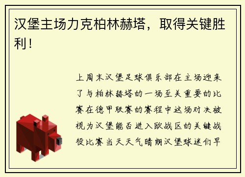 汉堡主场力克柏林赫塔，取得关键胜利！