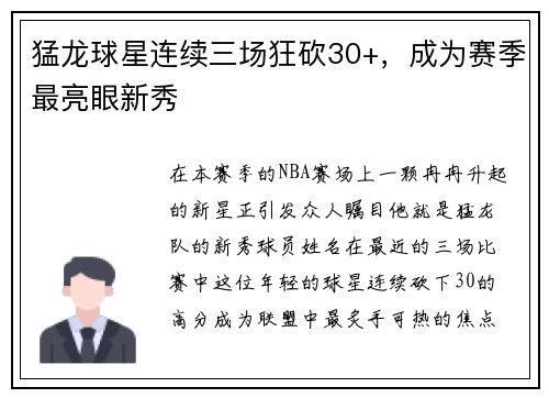 猛龙球星连续三场狂砍30+，成为赛季最亮眼新秀